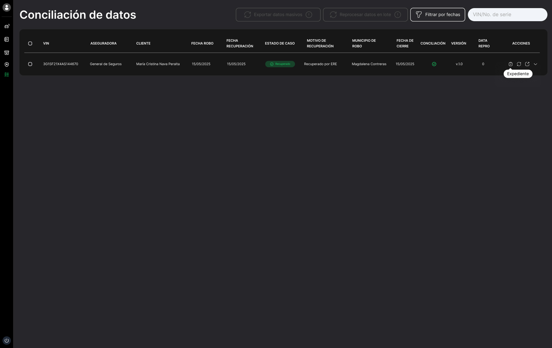 Main panel — every case with its reconciliation status in one column.